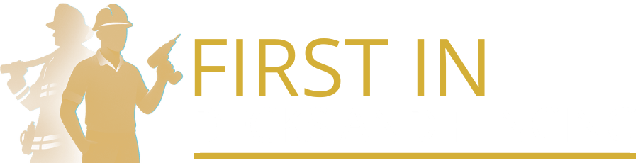 Logo for First In Decks and Fencing featuring silhouettes of two workers, one with a saw and the other with a drill, emphasizing professional craftsmanship and dependable service in custom deck installation and outdoor living solutions.| First In Decks and Fencing | Virginia Beach Deck Builders