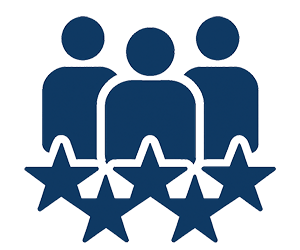 A blue icon shows three people standing behind five stars, symbolizing professional craftsmanship and dependable service in outdoor living projects like custom decks and fence installation.| First In Decks and Fencing | Virginia Beach Deck Builders