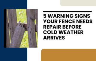 A wooden fence with broken and splintered panels is shown next to text reading "5 Warning Signs Your Fence Needs Repair Before Cold Weather Arrives," highlighting the need for fence repair and dependable service for home improvement.| First In Decks and Fencing | Virginia Beach Deck Builders