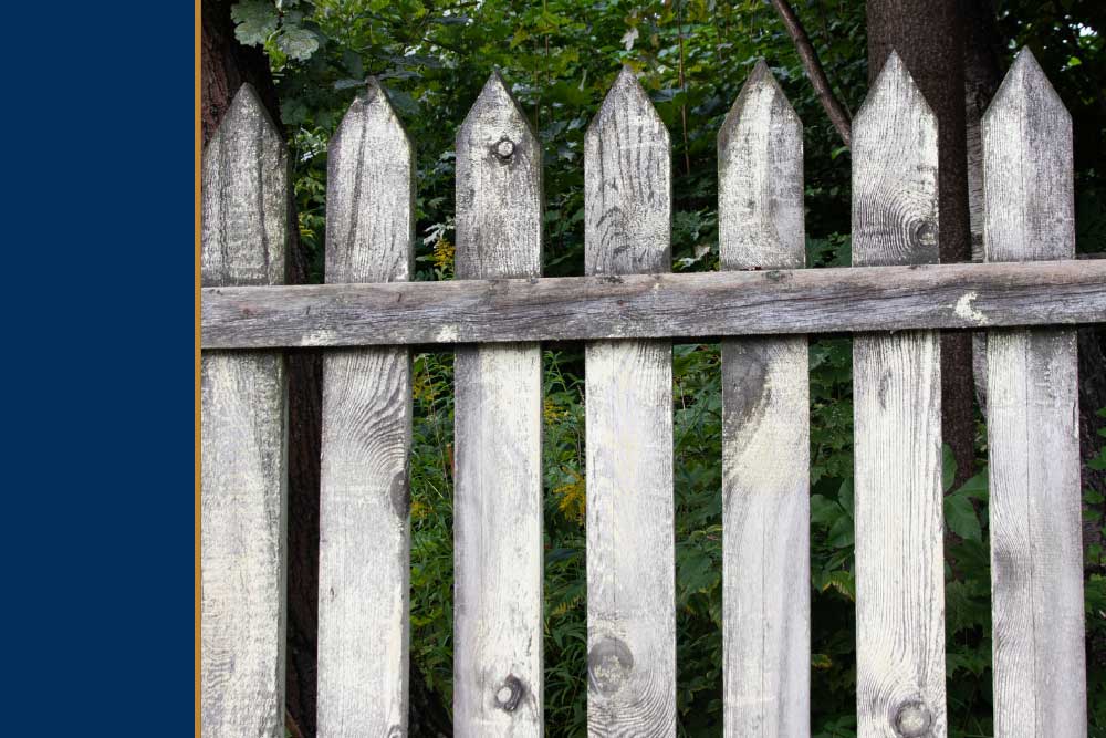 A weathered wooden fence with pointed tops stands against a backdrop of green foliage, showcasing professional craftsmanship and durable materials typical of fence installation services in outdoor living spaces.| First In Decks and Fencing | Virginia Beach Deck Builders