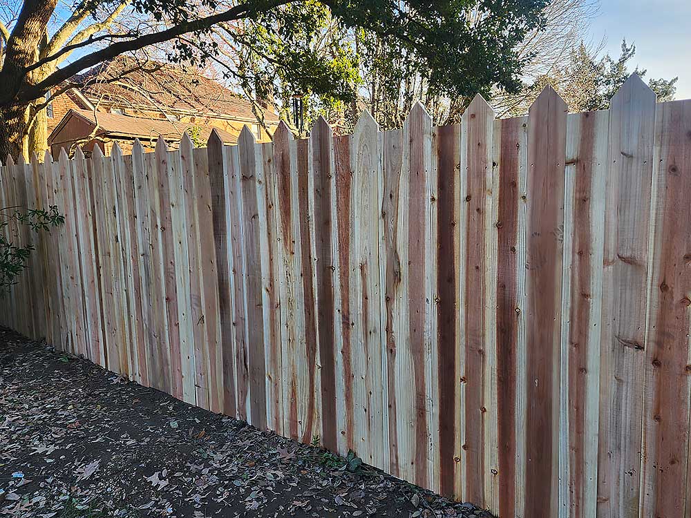 A freshly installed wooden fence in a backyard, showcasing high-quality, durable materials for custom decks and outdoor living. The fence is surrounded by trees and leaves, highlighting professional craftsmanship and attention to detail.| First In Decks and Fencing | Virginia Beach Deck Builders