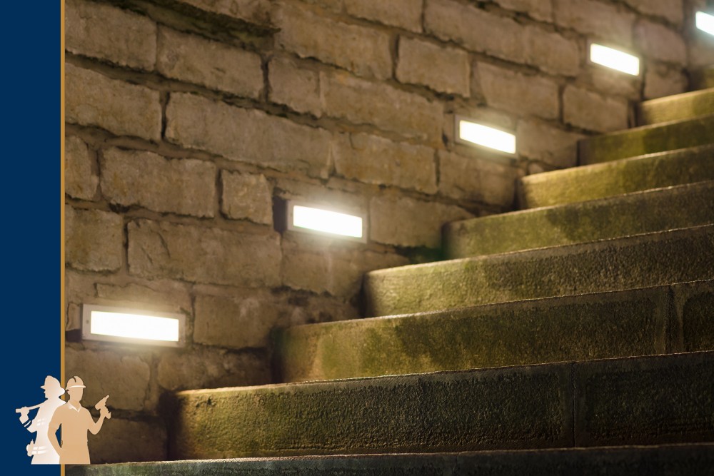 Stone steps with embedded lights illuminate a path next to a brick wall, showcasing professional craftsmanship and durable materials ideal for outdoor living and home improvement projects.| First In Decks and Fencing | Virginia Beach Deck Builders