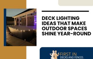 A beautifully lit custom deck installation is shown at night, highlighting its sleek design and modern lighting, perfect for enhancing outdoor living spaces in Chesapeake.| First In Decks and Fencing | Virginia Beach Deck Builders