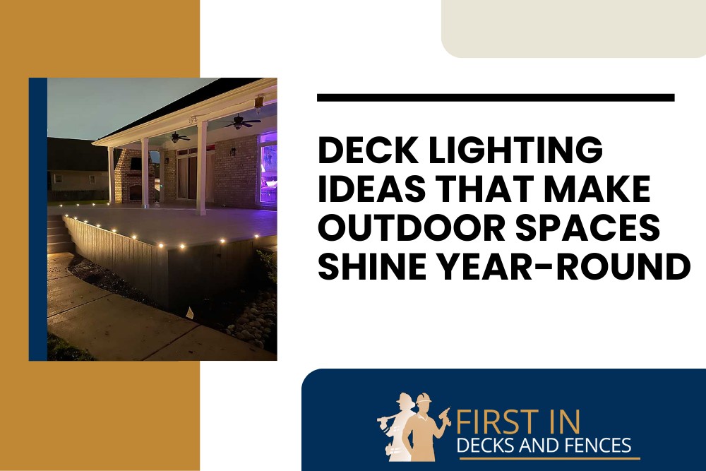 A beautifully lit custom deck installation is shown at night, highlighting its sleek design and modern lighting, perfect for enhancing outdoor living spaces in Chesapeake.| First In Decks and Fencing | Virginia Beach Deck Builders